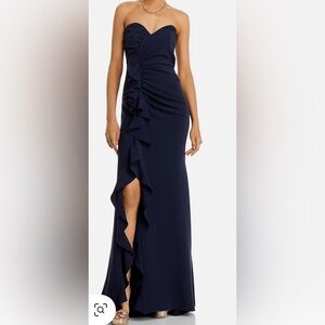CINQ A SEPT Navy color-  Hyde Womens Ruched Cascade Ruffle Evening Dress